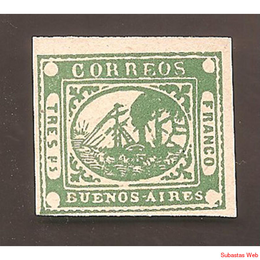 ARGENTINA 1858 BARQUITO TRES Ps  VERDE REIMPRESION