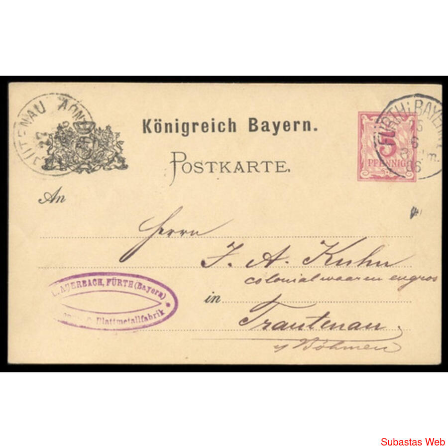 ALEMANIA REICH. BAVIERA 1886 POSTKARTE De FURT A TRATENAU