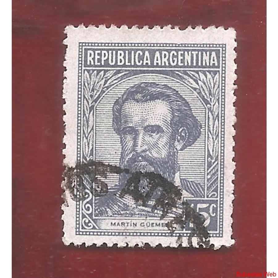 ARGENTINA 1945(447) PROC Y RIG.: GUEMES SIN FILIGRANA USADA