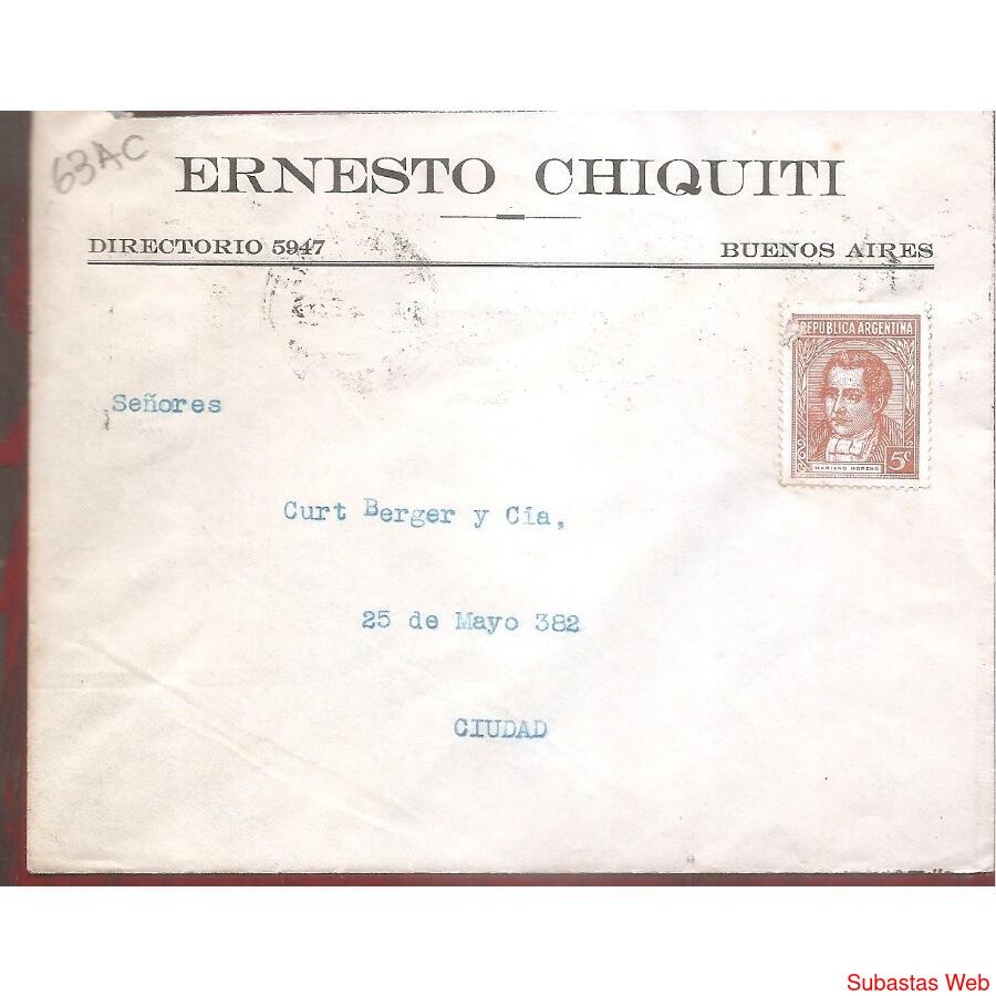 ARGENTINA 1939 SOBRE CIRCULADO  NUMERO 63AC