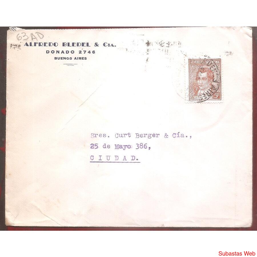 ARGENTINA 1939  SOBRE CIRCULADO  NUMERO  63AD