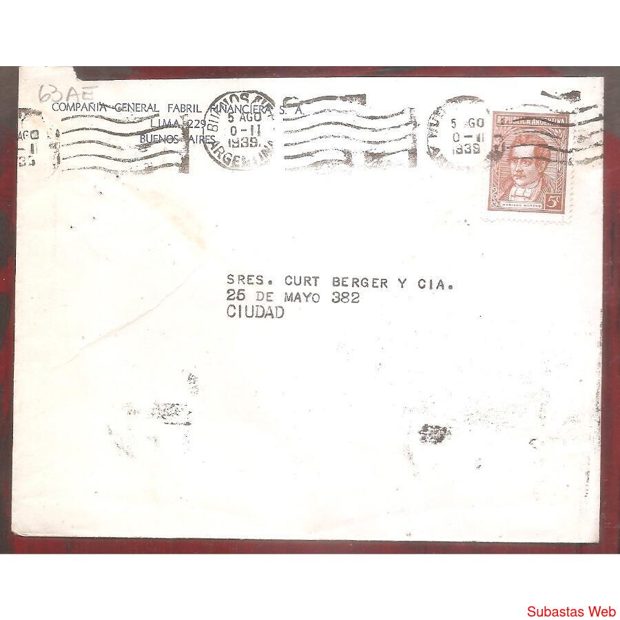 ARGENTINA  1939  SOBRE CIRCULADO NUMERO 63AE