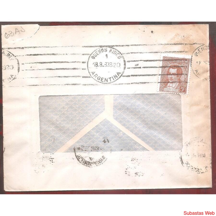 ARGENTINA 1939  SOBRE CIRCULADO NUMERO 63AJ