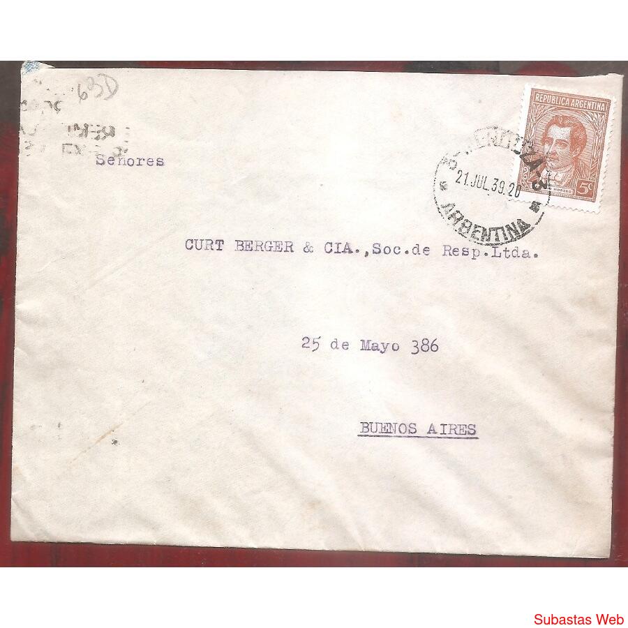 ARGENTINA 1939  SOBRE CIRCULADO NUMERO 63D