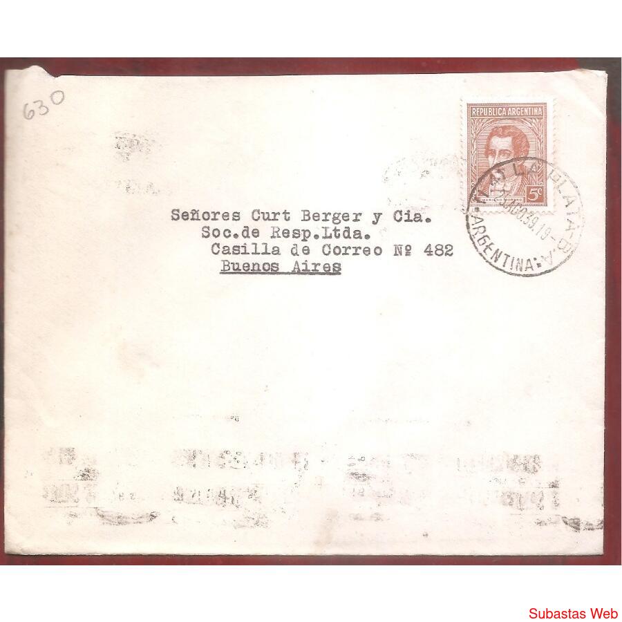 ARGENTINA 1939  SOBRE CIRCULADO NUMERO  63O
