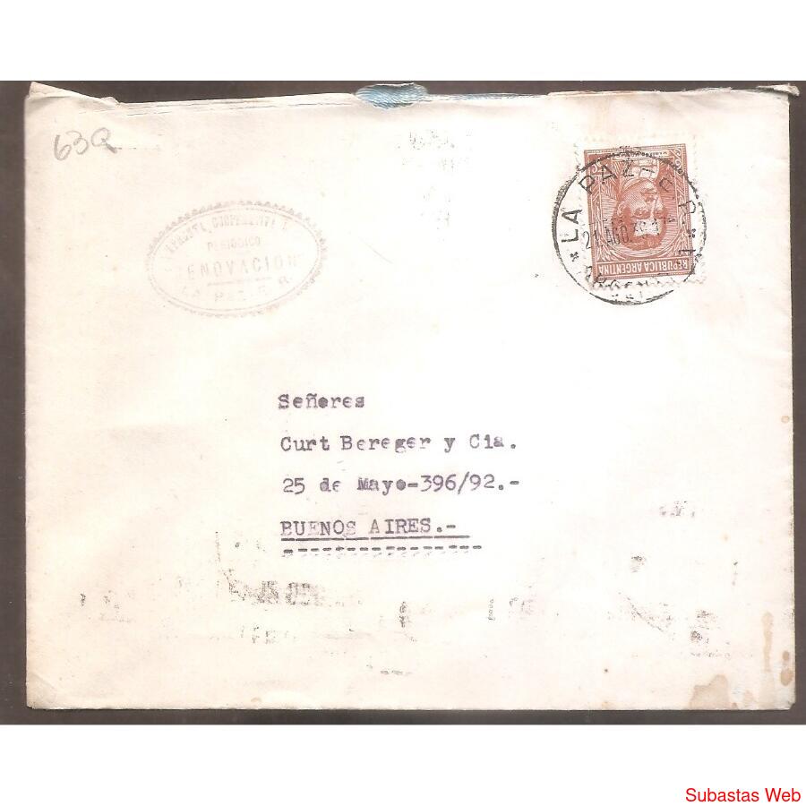 ARGENTINA 1939  SOBRE CIRCULADO NUMERO 63Q
