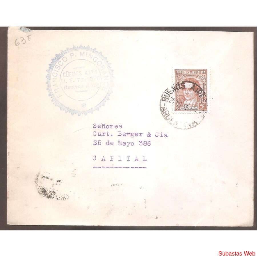 ARGENTINA 1939  SOBRE CIRCULADO NUMERO  63T