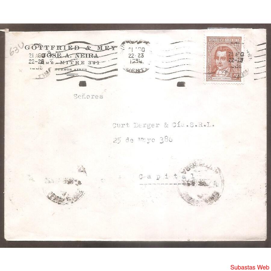argentina  1939  sobre circulado numero  63u