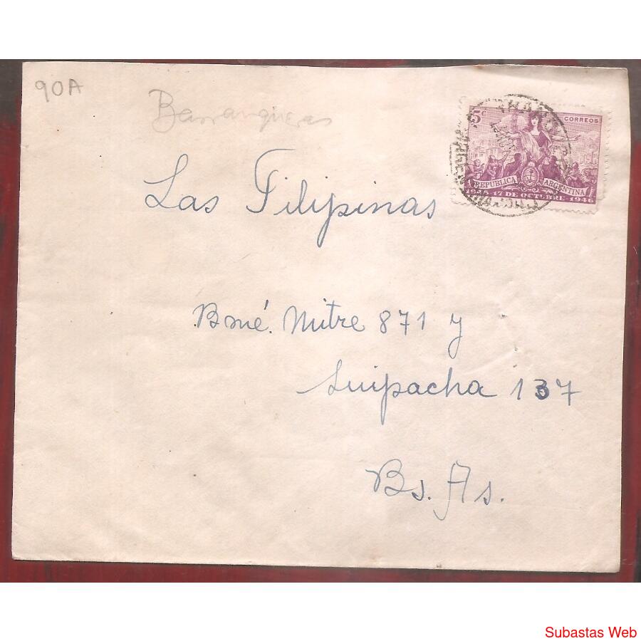 ARGENTINA 1946 SOBRE CIRCULADO NUMERO 90A