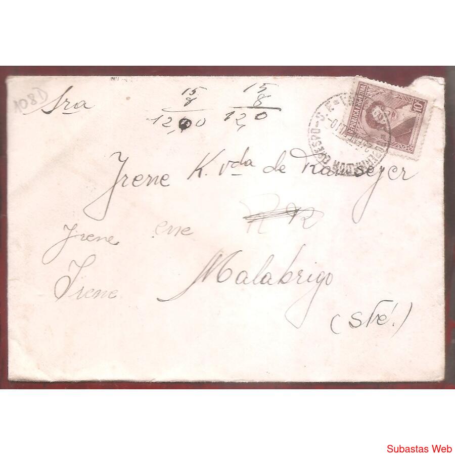 ARGENTINA 1950 SOBRE CIRCULADO NUMERO 108D