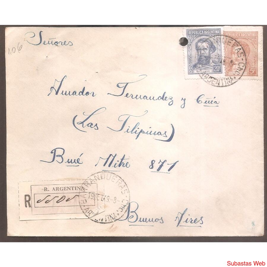 ARGENTINA  1949  SOBRE CIRCULADO NUMERO  106