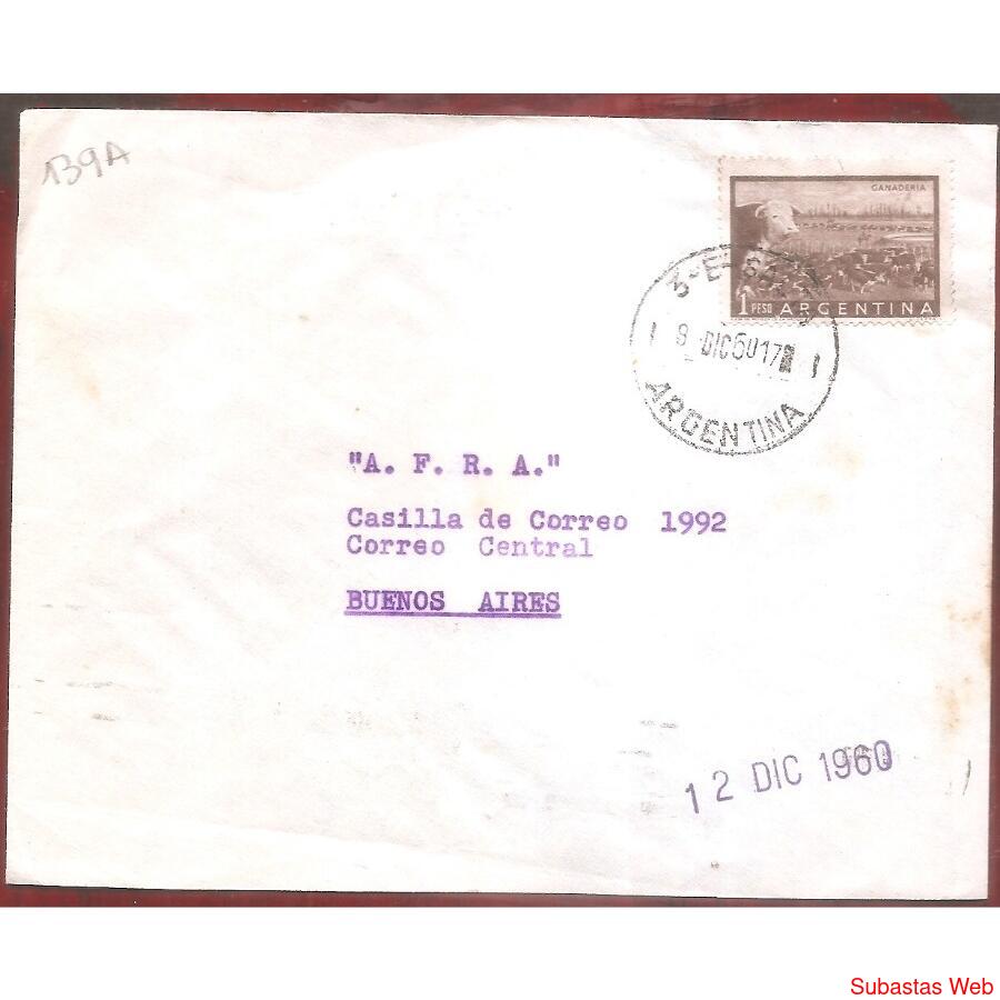 ARGENTINA  1960  SOBRE CIRCULADO  NUMERO  139A