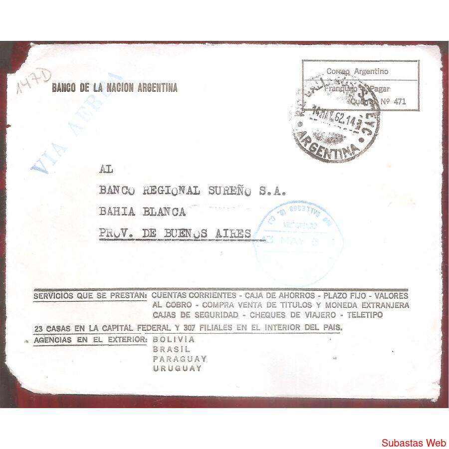 ARGENTINA  1962  SOBRE CIRCULADO  NUMERO  147D