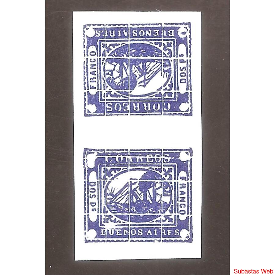 ARGENTINA 1858 BARQUITO DOS Ps. TETE-BECHE REIMPRESION AZUL