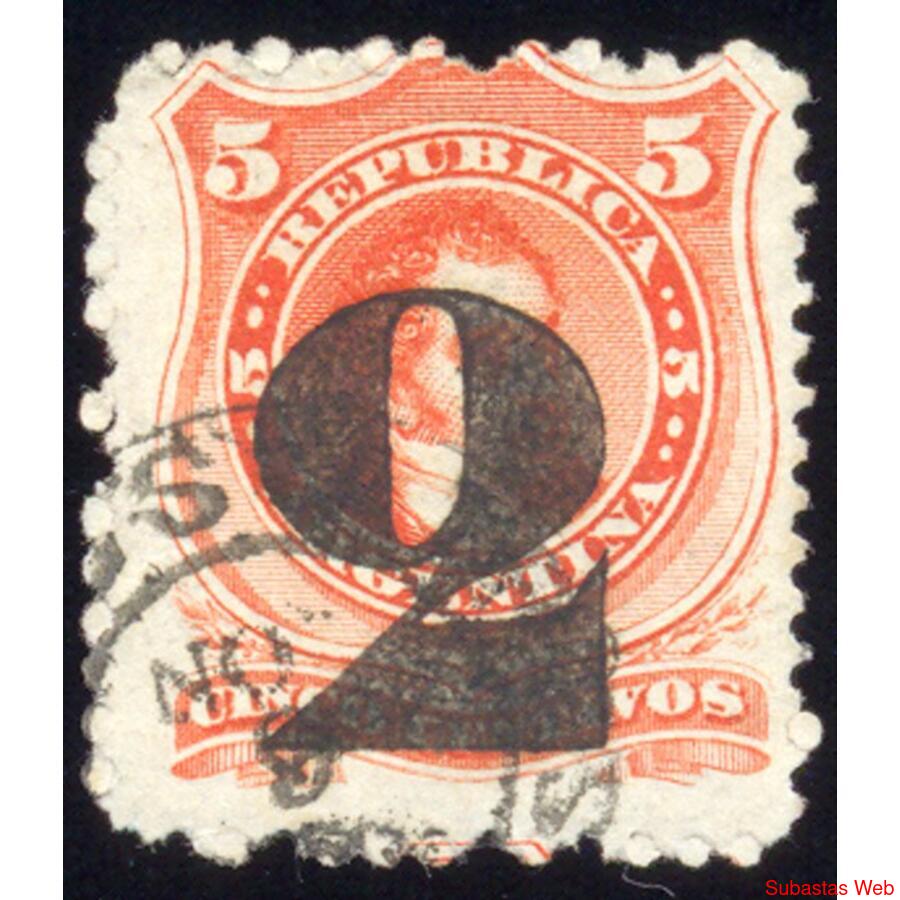 ARGENTINA GJ46 1877 PROVISORIO SOBRECARGA 2c SOBRE 5c. U$60