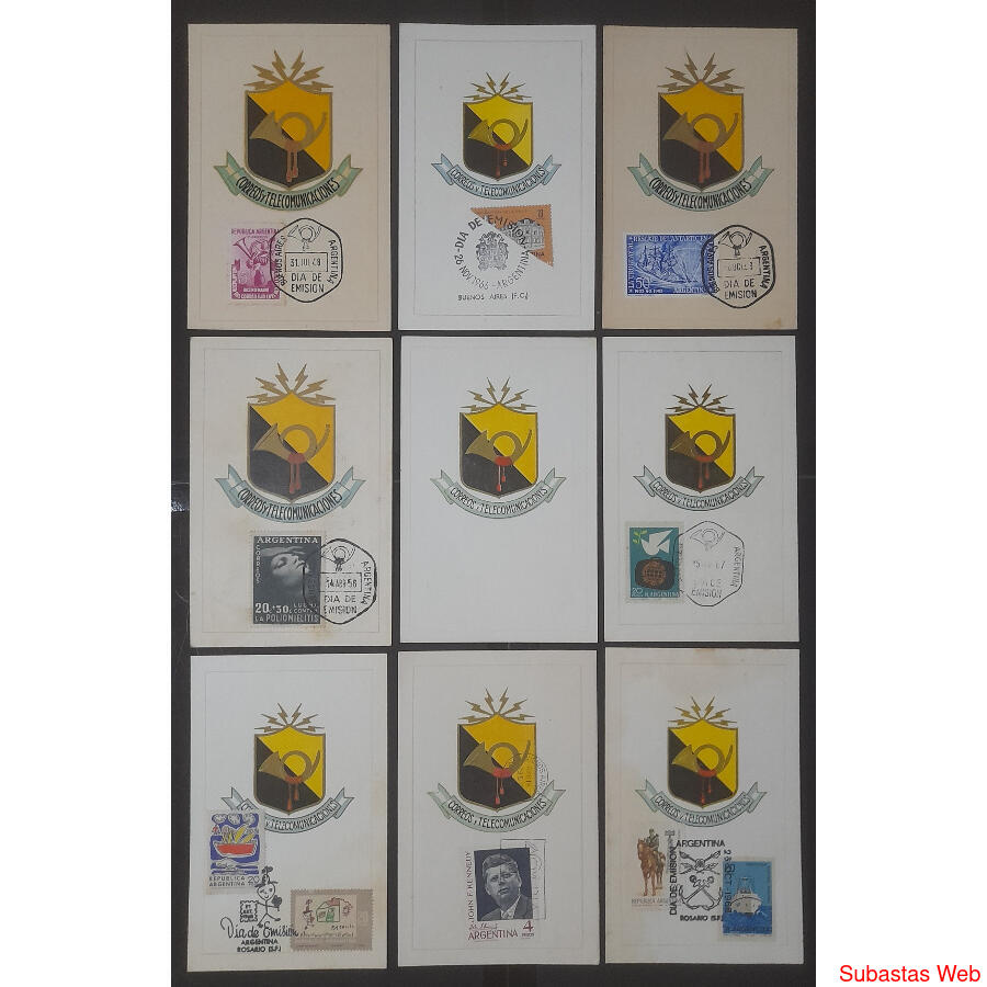 ARGENTINA. 9 TARJETAS 1er DÍA. ESCUDO ENCOTEL y POSTILLÓN!!!