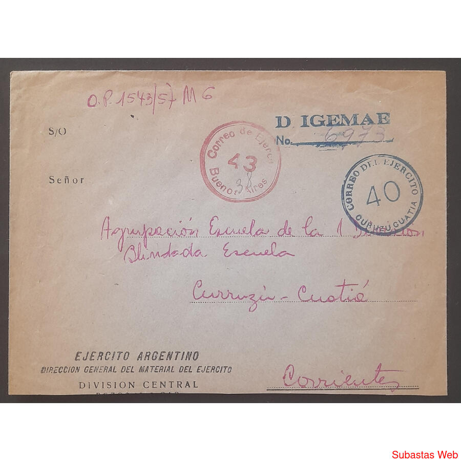 ESPECTACULAR SOBRE CORREO DEL EJERCITO A CURUZÚ CUATIÁ. RARO