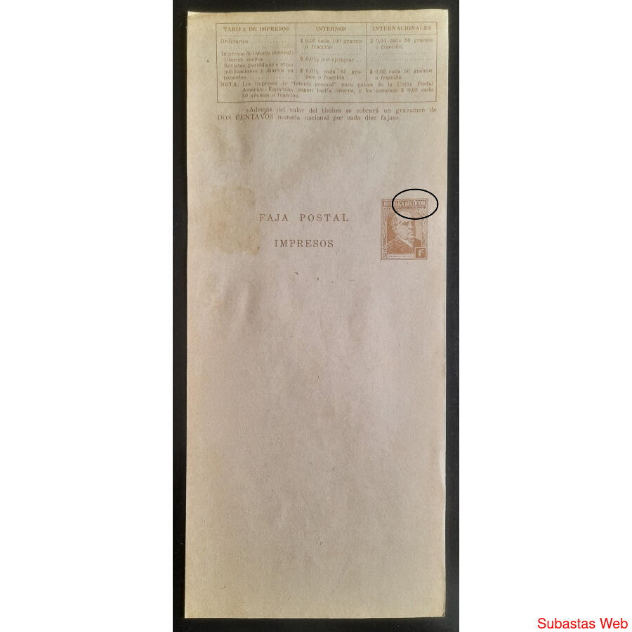 ARGENTINA FAJA POSTAL GJFAJ77 CON VARIEDAD AUN NO CATALOGADA