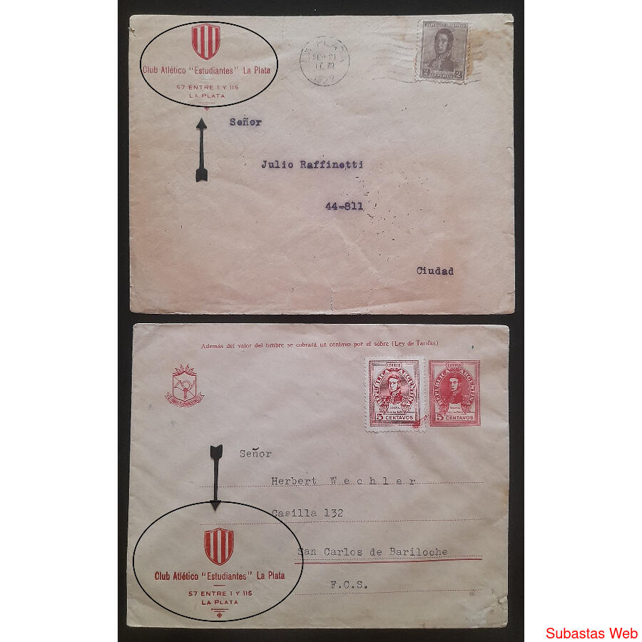 1922 ++ 2 ANTIGUOS SOBRES DEL CLUB *ESTUDIANTES DE LA PLATA*
