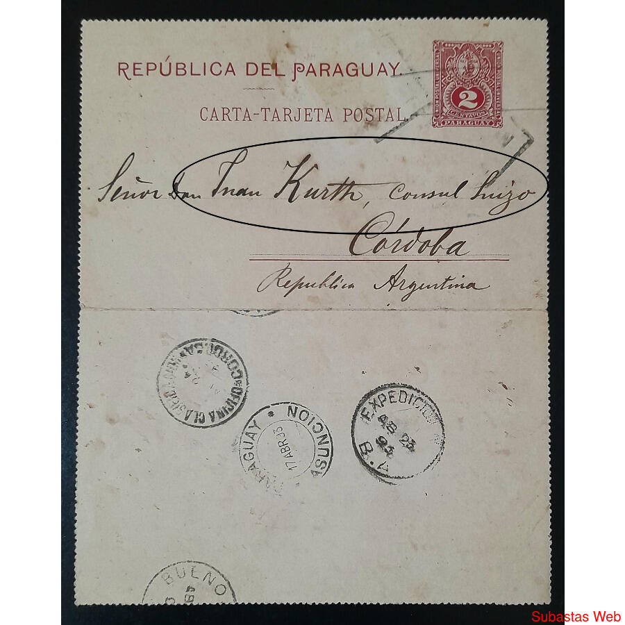 PARAGUAY, ARGENTINA 1893 ENTERO DIRIGIDO A CÓNSUL JUAN KURTH