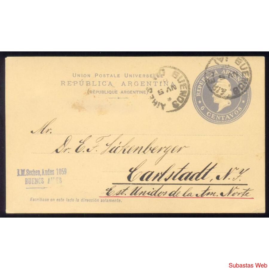 ARGENTINA 1896 ENTERO POSTAL JGTAR 19 CIRCULADO A USA. LUJO!